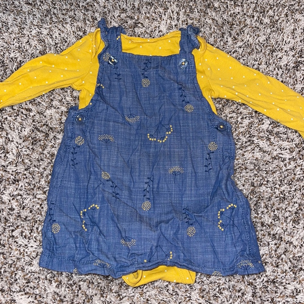 Mustard yellow polka dot onesie with denim spaghetti strap jumper with dandilion